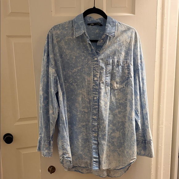 Zara Tops - Zara Light Blue Acid-washed Button Down Shirt